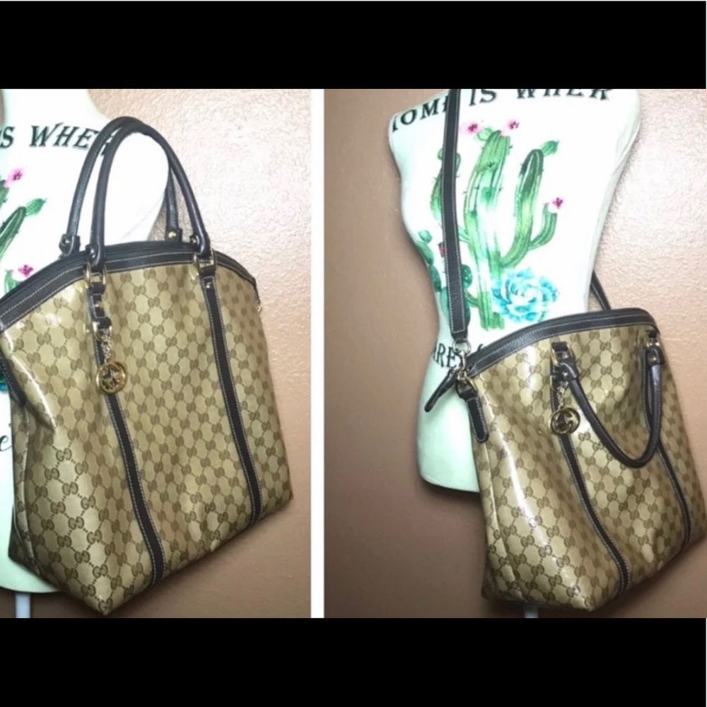 GUCCI Brown Large Coated Canvas Tote/Shoulder Bag